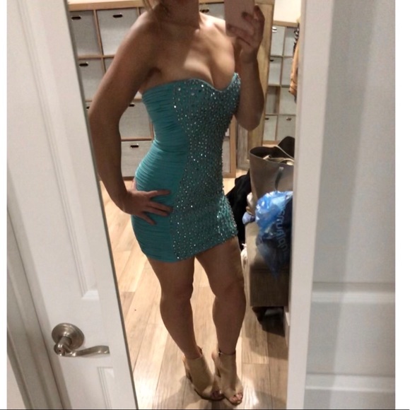 Jovani Mini Light Blue Diamond Cocktail Prom Dress - Picture 3 of 6